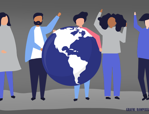 Grafik von Menschen mit Erdkugel - Umweltschutz, Nachhaltigkeit (Copyright: Rawpixel via Freepik)