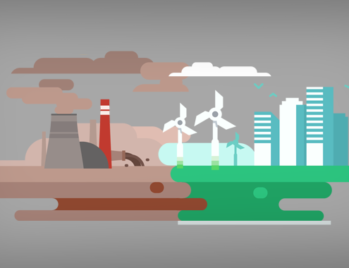 Grafik, die unterschiedliche Kraftwerkarten zeigt - erneuerbare Energien wie fossile (Copyright: Freepik)