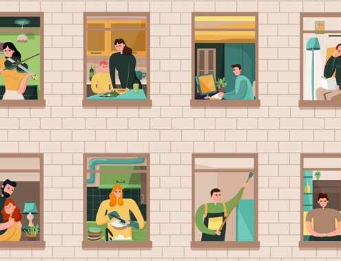 Grafik, die Hauswand mit Fenstern und den eEwohner-innen zeigt (Copyright: Macrovector via Freepik)